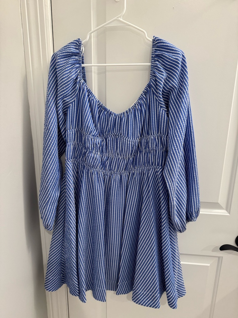 Julian Taylor Blue & White Striped Smocked Waist Mini Dress